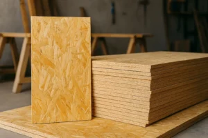 Paneles OSB apilados en un taller mostrando la textura de las virutas orientadas