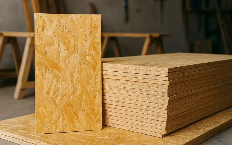 Paneles OSB apilados en un taller mostrando la textura de las virutas orientadas