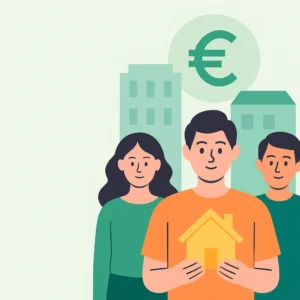 Ilustración digital de tres jóvenes frente a edificios, con símbolo del euro y una casa en manos del protagonista. Representa el acceso de los jóvenes a la vivienda en España.