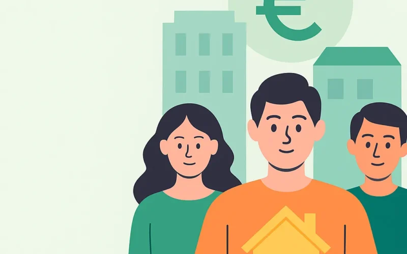 Ilustración digital de tres jóvenes frente a edificios, con símbolo del euro y una casa en manos del protagonista. Representa el acceso de los jóvenes a la vivienda en España.