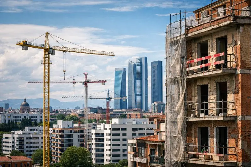 Edificio residencial en rehabilitación con grúas y nuevas viviendas en una ciudad española, reflejo de la tensión actual del mercado inmobiliario