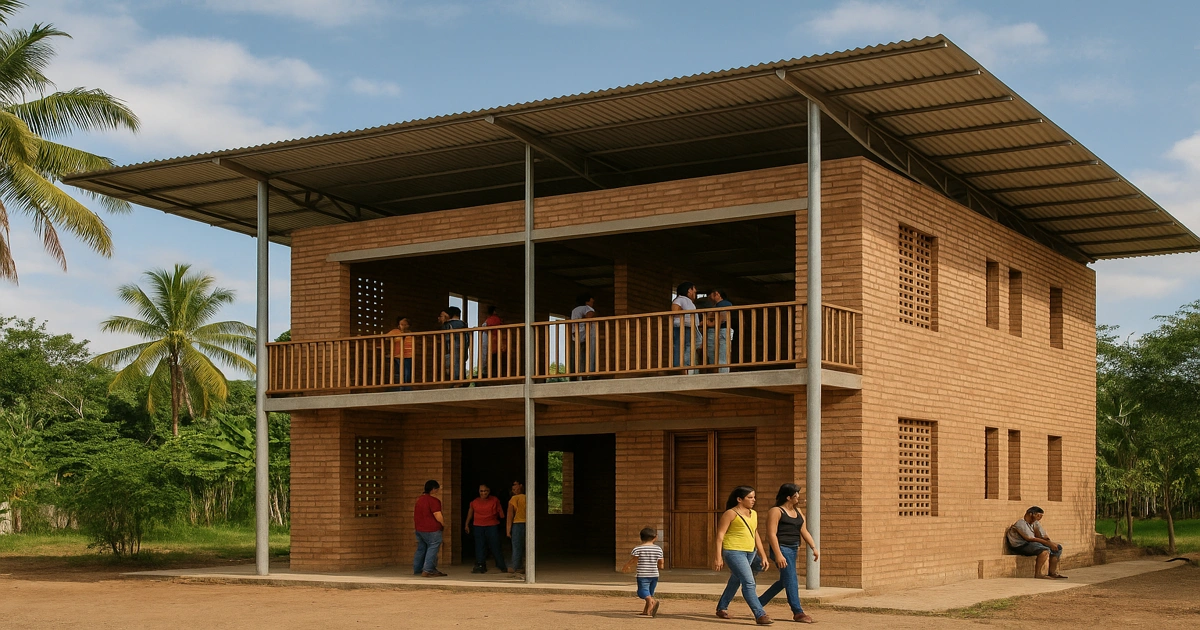 Arquitectura social Latinoamérica en un edificio comunitario sostenible rodeado de naturaleza