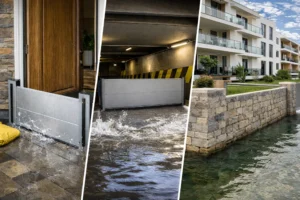 Barreras antiinundación instaladas en vivienda, garaje y edificio residencial para protección frente a inundaciones