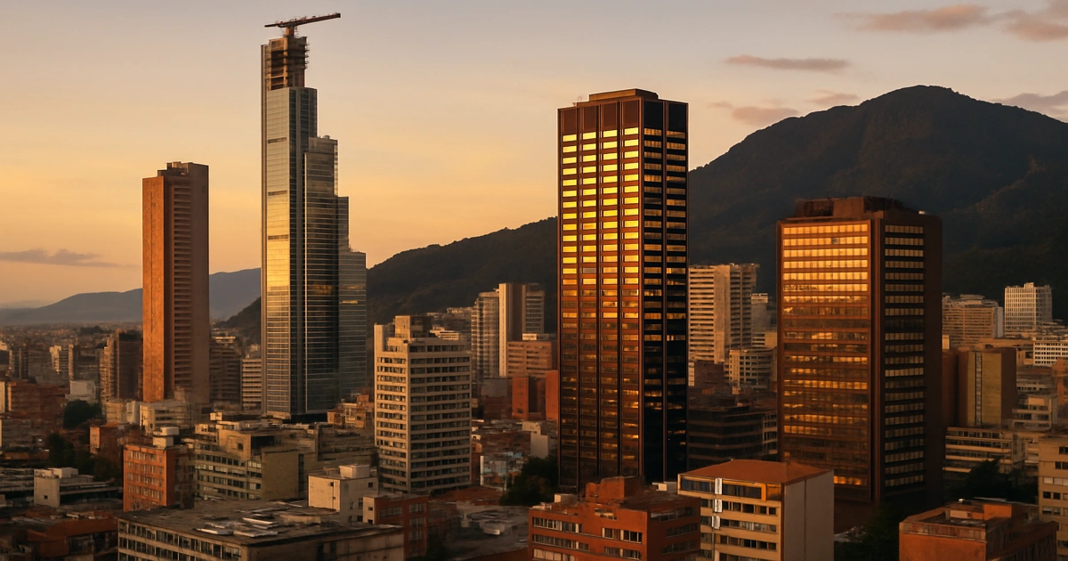 Bono verde Bogotá: skyline moderno de Bogotá al atardecer con edificios financieros