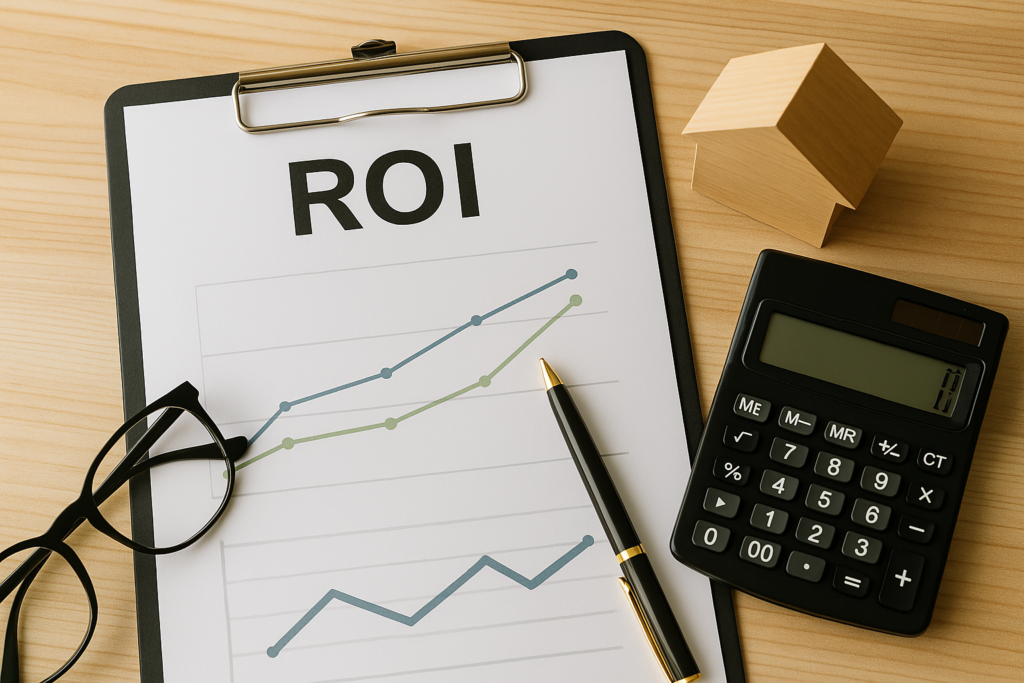Imagen con gráfico de ROI, calculadora, maqueta de casa y utensilios de oficina sobre mesa de madera