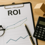Imagen con gráfico de ROI, calculadora, maqueta de casa y utensilios de oficina sobre mesa de madera