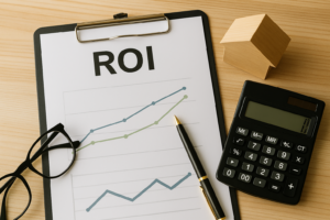 Imagen con gráfico de ROI, calculadora, maqueta de casa y utensilios de oficina sobre mesa de madera