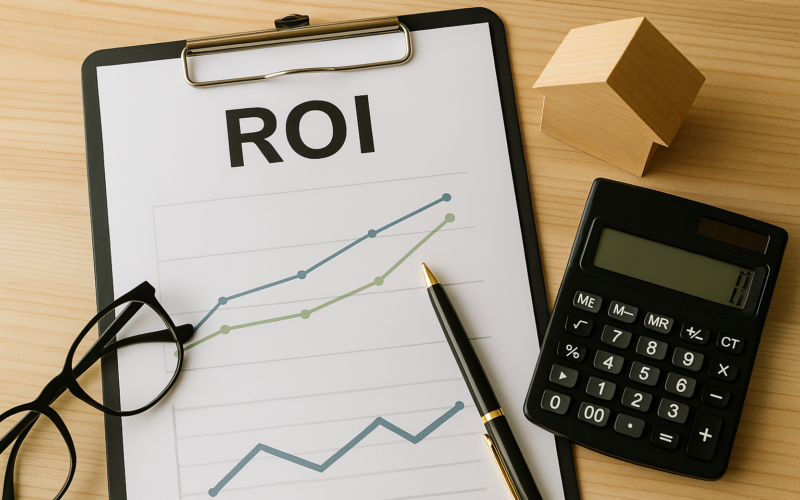 Imagen con gráfico de ROI, calculadora, maqueta de casa y utensilios de oficina sobre mesa de madera