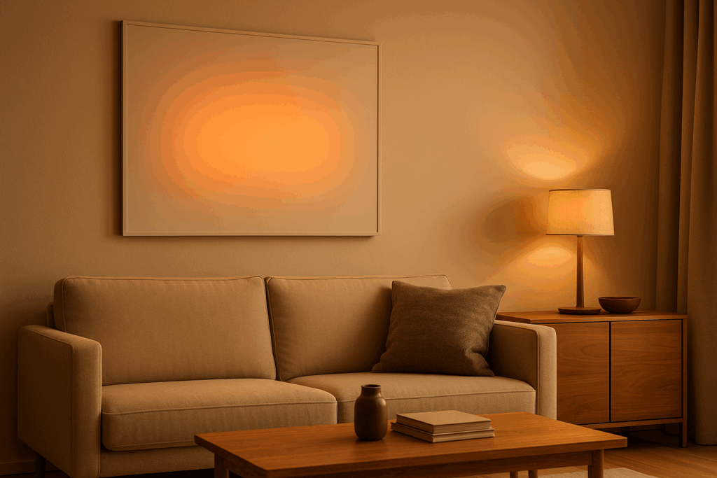 Calefacción por infrarrojos en un salón moderno con panel radiante en la pared