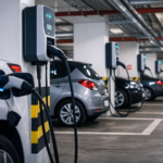 cargadores de coche eléctrico en garajes comunitarios de un edificio residencial