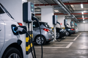 cargadores de coche eléctrico en garajes comunitarios de un edificio residencial