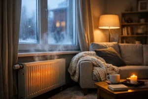 Salón en invierno con radiador encendido y ventana fría que provoca pérdidas de calor en la vivienda