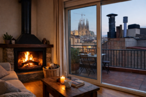Chimenea encendida en una vivienda de Barcelona durante el invierno