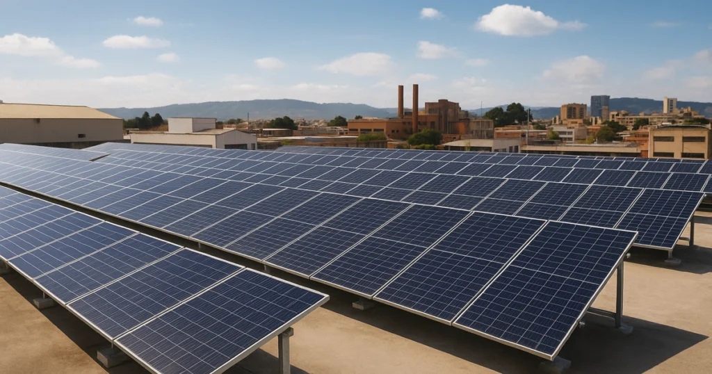 Instalación de techos solares urbanos en Colombia en un entorno industrial, parte de la transición energética hacia 2026