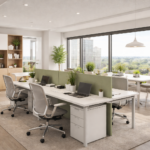 Espacio de trabajo diseñado con colores en el trabajo en tonos neutros para mejorar la productividad