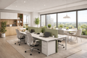 Espacio de trabajo diseñado con colores en el trabajo en tonos neutros para mejorar la productividad