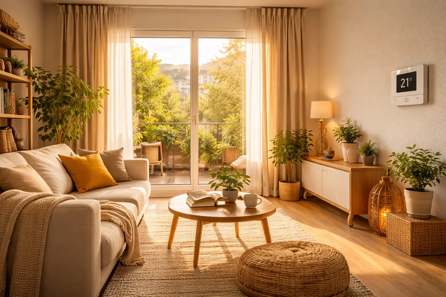 Confort térmico en casa en un salón luminoso con temperatura estable