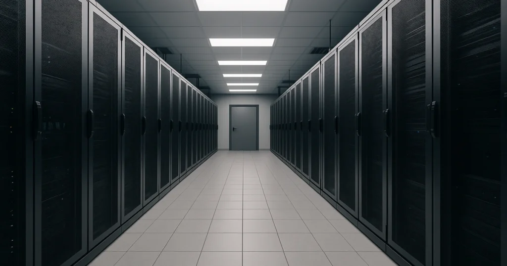 Interior realista de un data center moderno en Chile, asociado a data centers en Chile 100% renovables