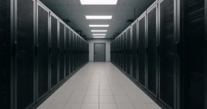 Interior realista de un data center moderno en Chile, asociado a data centers en Chile 100% renovables