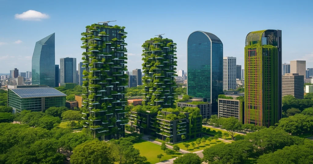 Aérea de rascacielos verdes y edificios sostenibles en Latinoamérica con integración de vegetación y arquitectura contemporánea.