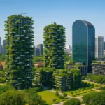 Aérea de rascacielos verdes y edificios sostenibles en Latinoamérica con integración de vegetación y arquitectura contemporánea.