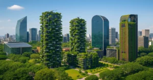 Aérea de rascacielos verdes y edificios sostenibles en Latinoamérica con integración de vegetación y arquitectura contemporánea.