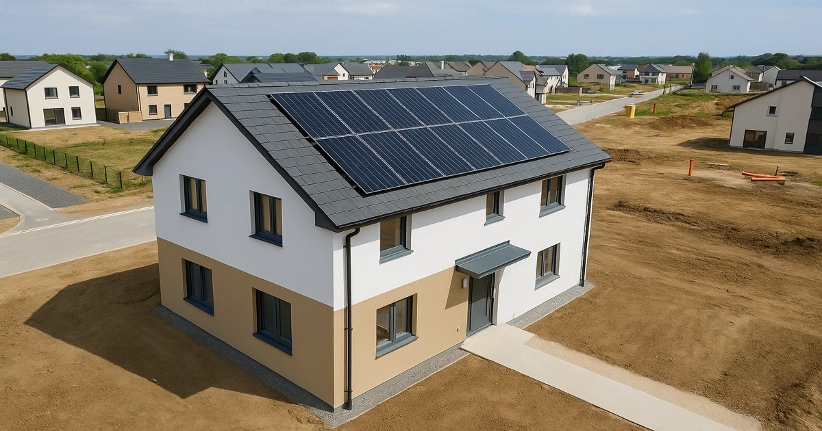 Casa eficiente vista desde dron, con envolvente térmica reforzada y diseño sostenible acorde al estándar térmico viviendas Chile 2026