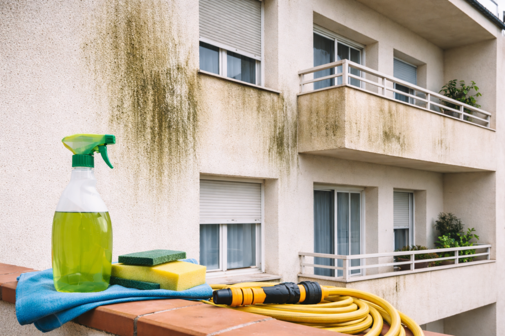 Fachada monocapa con manchas de suciedad y verdín antes de su limpieza