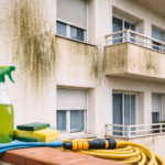Fachada monocapa con manchas de suciedad y verdín antes de su limpieza