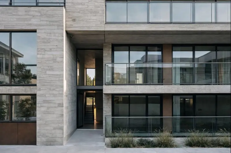 Edificio residencial contemporáneo con fachada de hormigón diseñada para reducir el mantenimiento