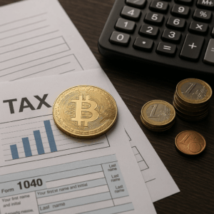 Representación conceptual de fiscalidad criptomonedas con elementos financieros y activos digitales