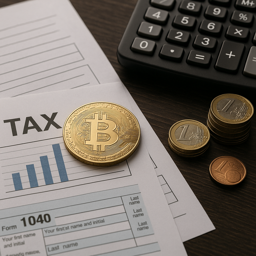 Representación conceptual de fiscalidad criptomonedas con elementos financieros y activos digitales