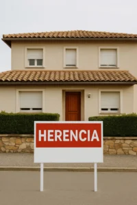 Casa familiar con cartel de “Herencia” frente a la fachada, simbolizando una vivienda heredada en España.