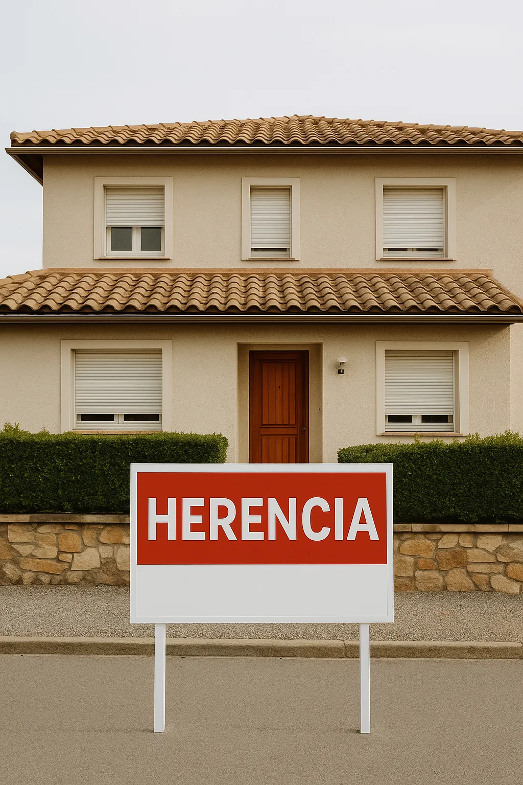 Casa familiar con cartel de “Herencia” frente a la fachada, simbolizando una vivienda heredada en España.