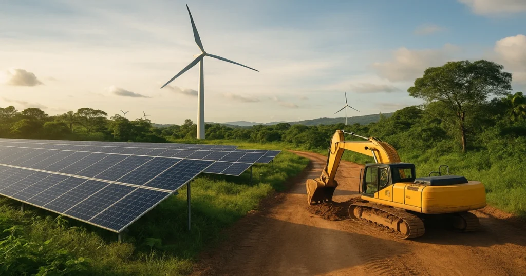 Infraestructura verde Brasil 2026 con paneles solares, turbinas eólicas y obras en entorno natural.