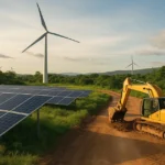 Infraestructura verde Brasil 2026 con paneles solares, turbinas eólicas y obras en entorno natural.