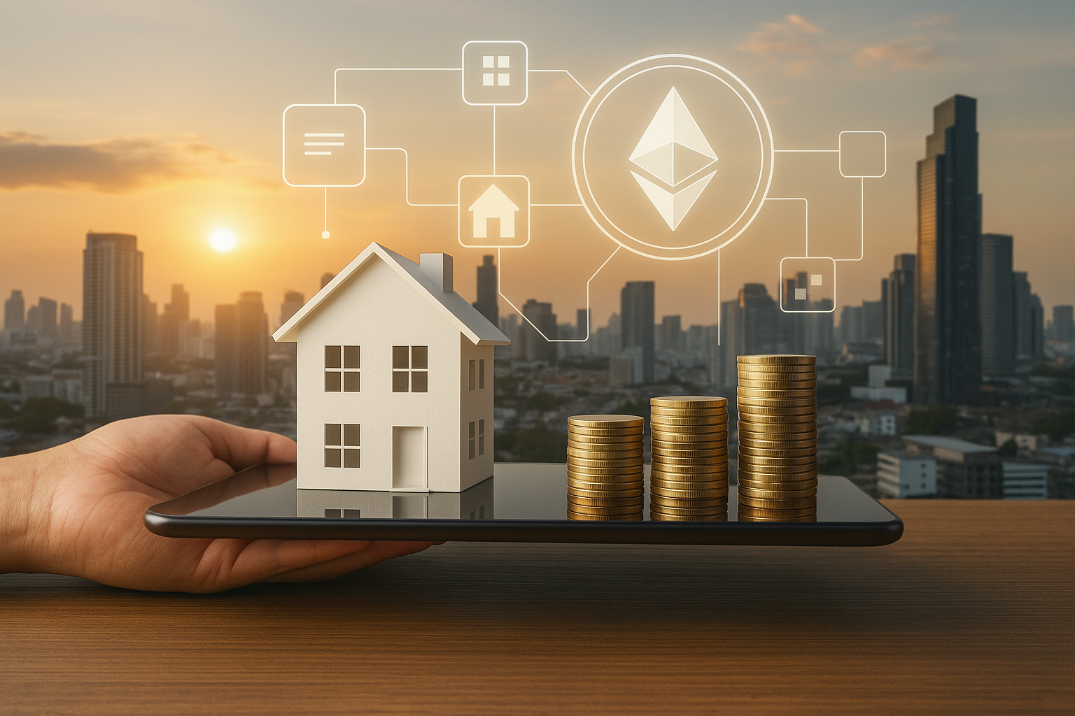 Concepto de inversión inmobiliaria digital representado por una casa, monedas y elementos tecnológicos sobre una ciudad al atardecer