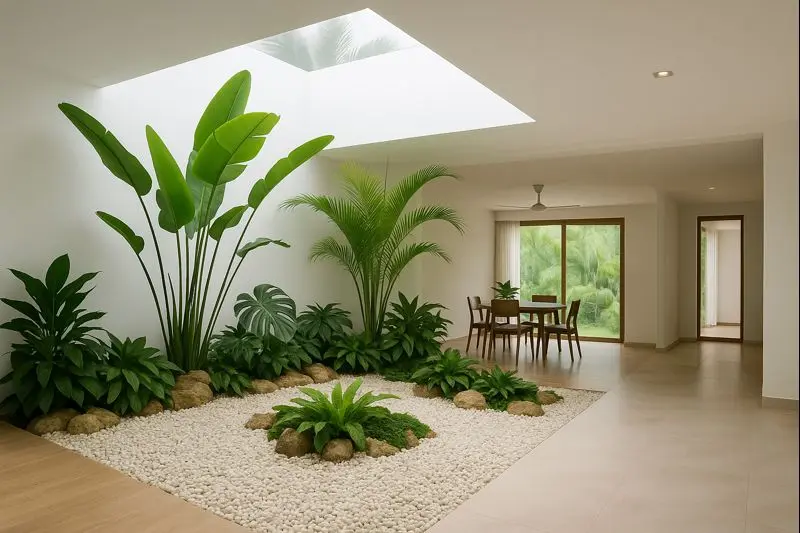 Jardín interior en vivienda unifamiliar con vegetación natural, suelo de grava drenante y entrada de luz natural mediante lucernario
