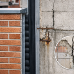 Junta de dilatación en fachada de edificio con grietas por fallo estructural