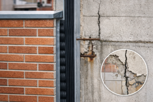 Junta de dilatación en fachada de edificio con grietas por fallo estructural