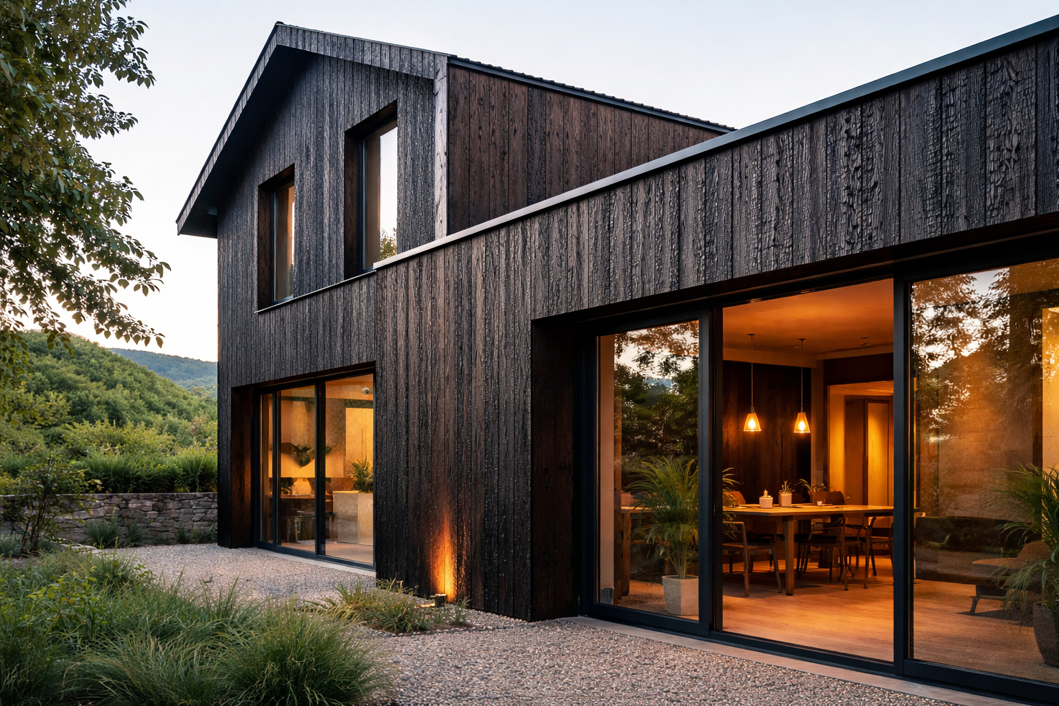 Cerramiento exterior de madera quemada en una vivienda contemporánea