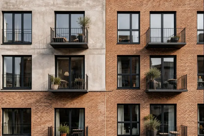 Fachada de edificio con ladrillo visto y hormigón, materiales que envejecen bien en arquitectura