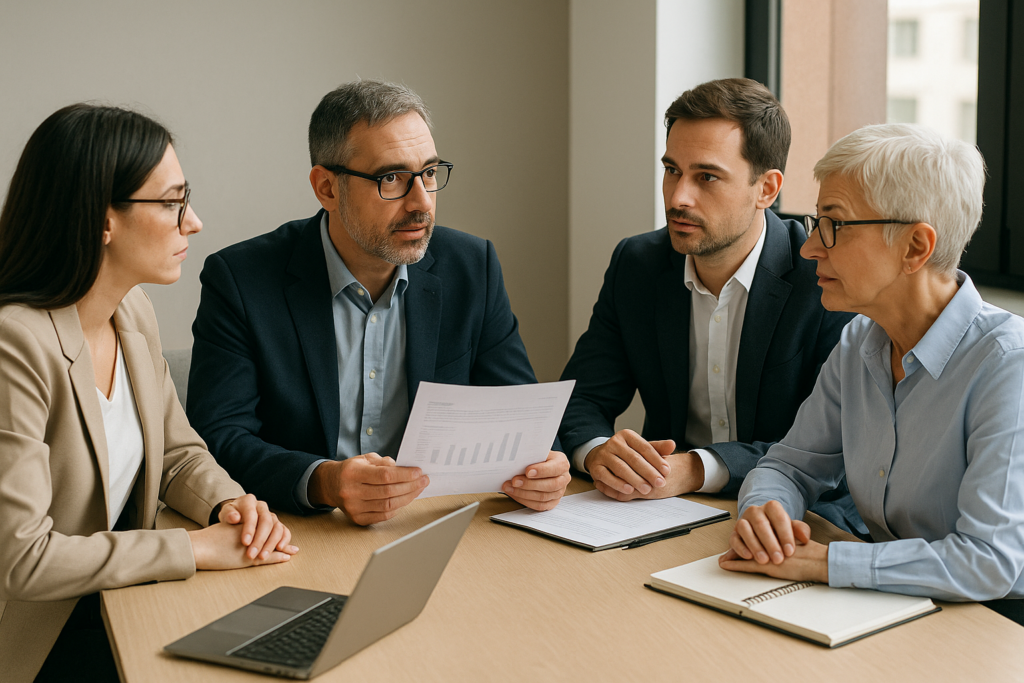 Cuatro asesores reunidos analizando si conviene montar una sociedad patrimonial para inversiones inmobiliarias