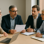 Cuatro asesores reunidos analizando si conviene montar una sociedad patrimonial para inversiones inmobiliarias