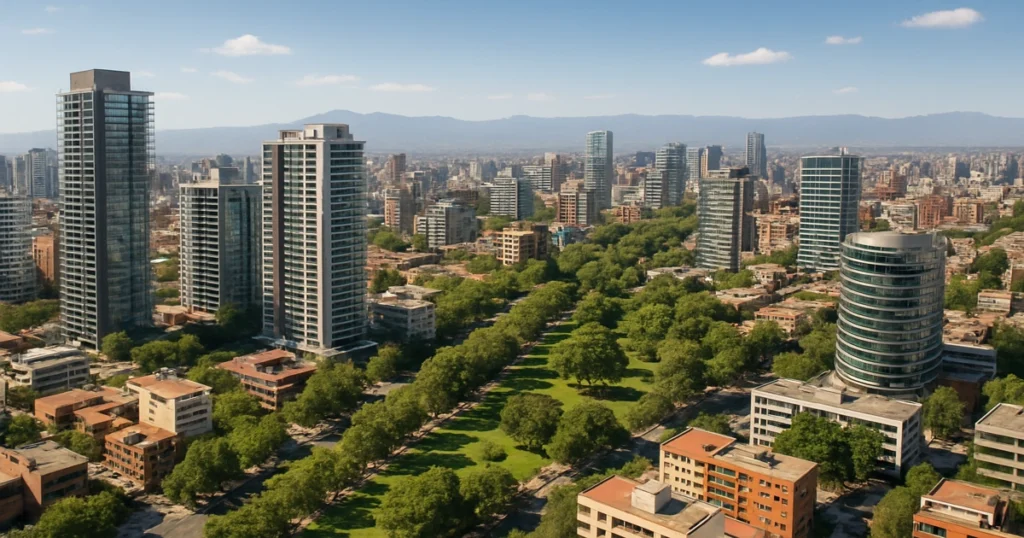 Amanecer urbano con edificios verticales y áreas verdes que reflejan los nuevos modelos urbanos en Latinoamérica hacia 2026.