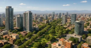 Amanecer urbano con edificios verticales y áreas verdes que reflejan los nuevos modelos urbanos en Latinoamérica hacia 2026.