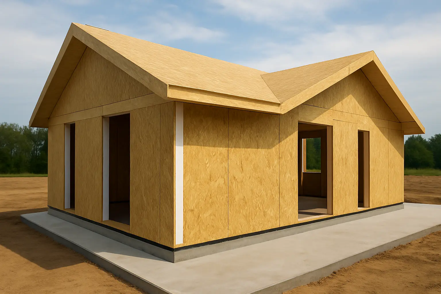 Casa en construcción realizada con paneles SIP, muros OSB y cubierta ligera vista en perspectiva.