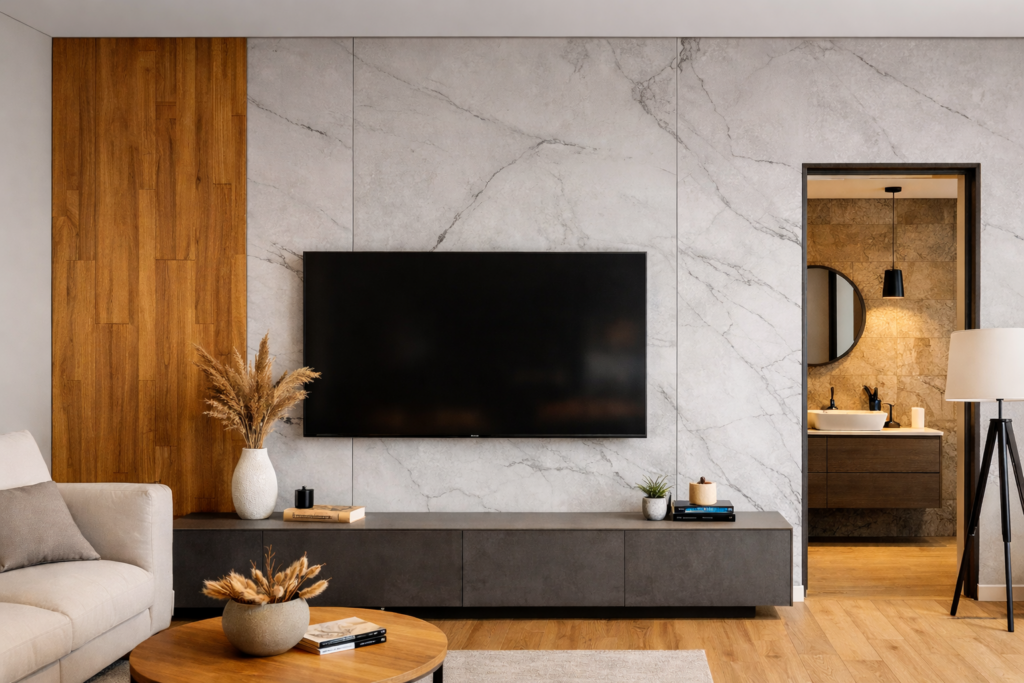 paneles decorativos SPC instalados en pared interior de vivienda