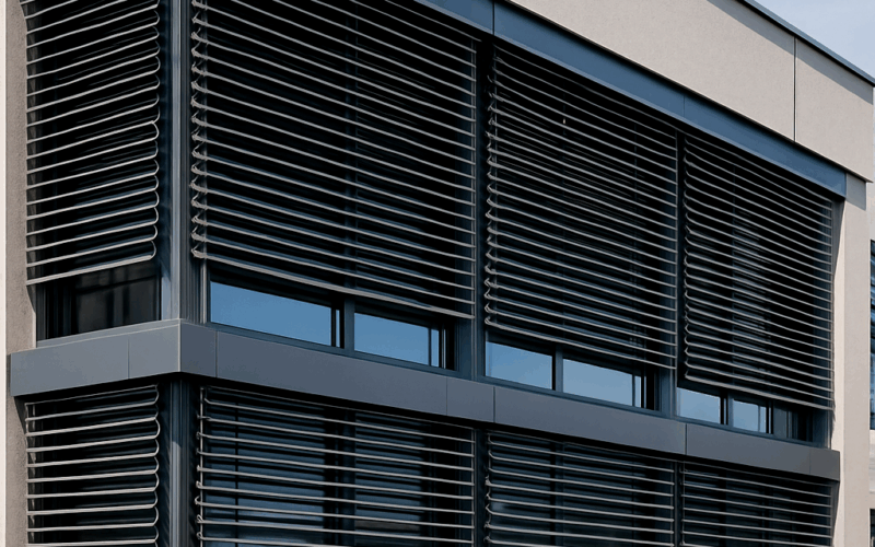 Persiana veneciana exterior en fachada moderna con lamas orientables del sistema Gradhermetic