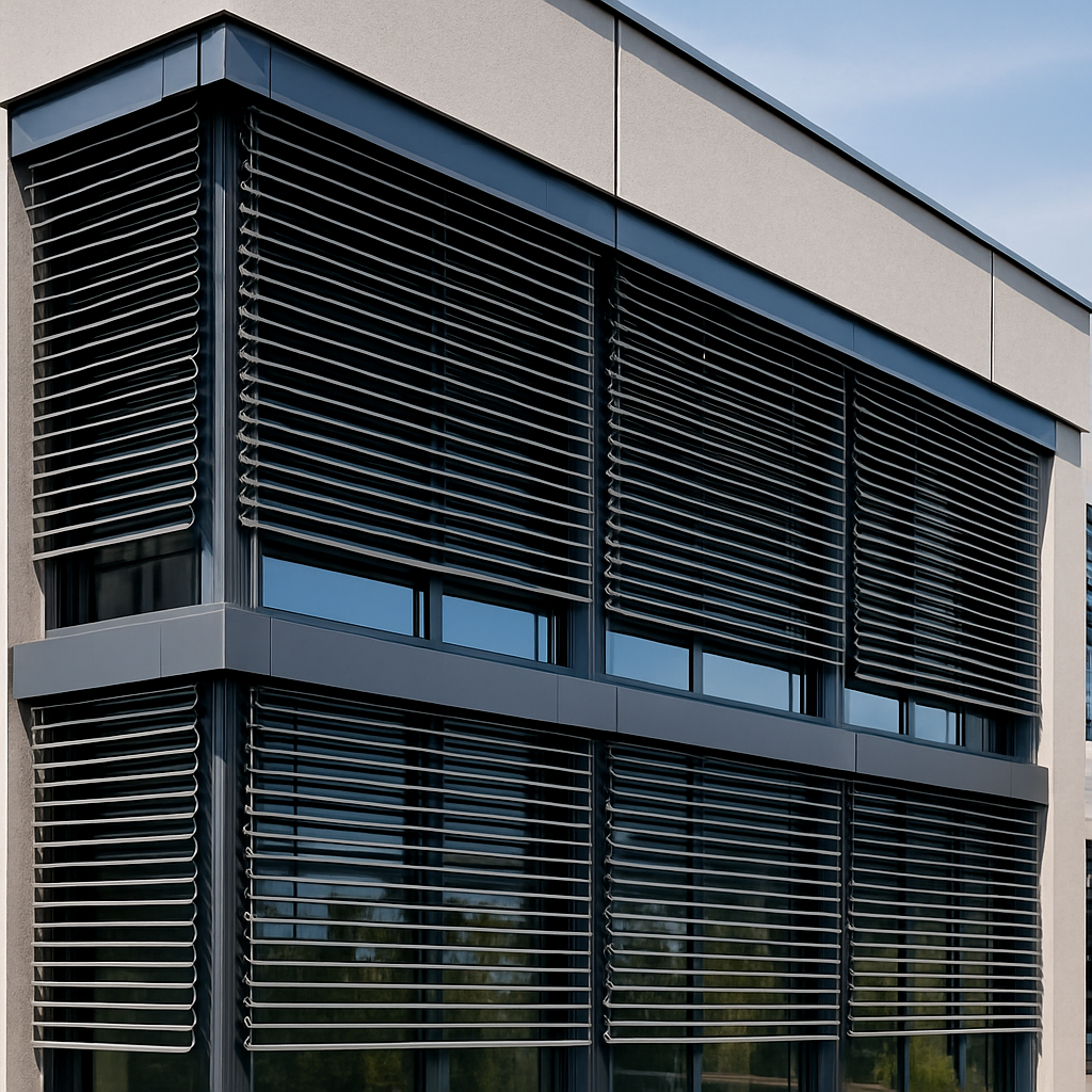 Persiana veneciana exterior en fachada moderna con lamas orientables del sistema Gradhermetic